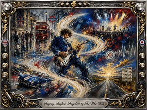 A dynamic guitarist dominates a swirling London-inspired rock montage, surrounded by a red double-decker bus, scooter, sports car, concert silhouettes, road signs, and radiant sound waves. Bold blue, red, gold, and silver tones create restless energy, while dramatic stage lighting and expressive painterly textures evoke rebellious freedom, motion, and 1960s excitement.