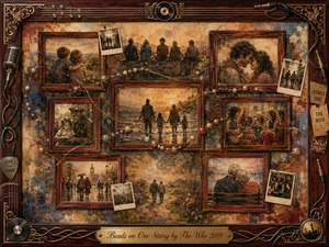 A nostalgic rosewood-framed collage gathers tender scenes of lovers, families, friends, and shared journeys, linked by looping strings of colorful beads. Warm amber, rust, blue, and sepia tones glow beneath soft aged light. Painterly oil, acrylic, and watercolor textures blend with photographs, music memorabilia, and ornate metallic details.