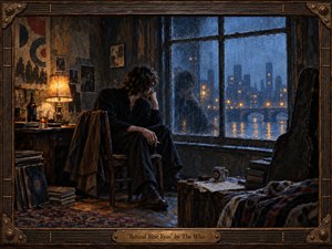 SongData_BehindBlueEyes_TheWho_1971 A solitary man sits beside a rain-streaked window in a worn, dimly lit room, absorbed in quiet reflection. Cool blue city light contrasts with a warm amber lamp, deepening the mood of isolation and vulnerability. Rich painterly textures, weathered furnishings, a guitar case, records, and a bronze-framed title plate complete the scene.
