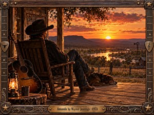 A weathered cowboy rests on a rustic porch overlooking a glowing Western sunset and winding river. An acoustic guitar, lantern, and sleeping dog evoke quiet reflection and nostalgia. Rich amber skies illuminate distant mesas and farmland. Ornate wooden framing, guitar strings, bronze stars, and an engraved title plate complete the cinematic artwork.