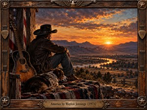 A weathered cowboy and his loyal dog overlook a vast American valley at sunset, beside an old guitar and faded flag. Golden light illuminates distant mountains and a winding river, creating a nostalgic, patriotic mood. Rich oil painting textures and a carved wooden frame with bronze accents complete the scene.