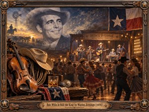 A richly detailed Western painting celebrates Texas musical heritage, with a smiling cowboy legend overlooking a lively honky-tonk dance floor. Warm amber lights illuminate musicians and dancers beneath a twilight sky. A fiddle, cowboy hat, and weathered flag anchor the nostalgic composition, enclosed by an ornate carved frame.