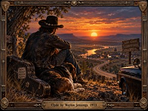 A weathered cowboy and loyal dog overlook a winding road, distant town, and glowing river beneath a fiery sunset. Rich amber light and purple shadows create a nostalgic Western atmosphere. A vintage car, guitar case, rustic wooden signs, and ornate metal-studded frame enhance the detailed, cinematic painted composition.