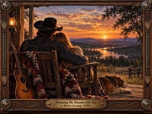 A cowboy embraces a woman on a rustic porch overlooking a winding river at sunset. Golden orange skies illuminate distant mountains and peaceful countryside. An acoustic guitar, glowing lantern, patterned blanket, and resting dog evoke warmth and nostalgia. Richly detailed traditional painting and an ornate Western frame enhance the romantic atmosphere.