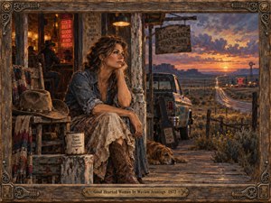 A weary but steadfast woman sits outside a weathered honky-tonk, gazing toward a highway beneath a fiery desert sunset. An old pickup, resting dog, cowboy hat, and glowing bar signs surround her. Rich amber and violet tones, textured oil brushwork, and an ornate wooden frame evoke loyalty, longing, and country grit.