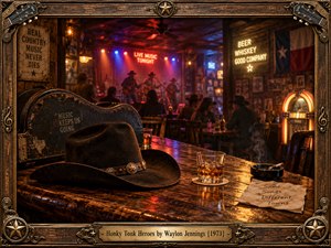 A weathered Texas honky-tonk glows with amber light and colorful stage neon as cowboy musicians perform before shadowy patrons. A battered guitar case, black hat, whiskey glass, and smoking ashtray dominate the rustic foreground. Rich wooden textures, nostalgic cinematic lighting, and an ornate Western frame evoke outlaw country music.