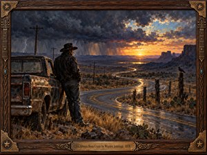 A lone cowboy stands beside a weathered pickup, overlooking a winding desert highway at sunset. Storm clouds, distant lightning, and golden light illuminate rugged mesas and reflective pavement. Rich oil painting textures, earthy colors, dramatic shadows, and an ornate carved wooden guitar-themed frame evoke solitude, rebellion, and enduring freedom.