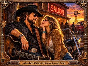 A rugged cowboy musician and an admiring woman share a romantic moment outside a rustic saloon at sunset. Warm amber light illuminates their faces, while a motorcycle, vintage pickup, and windmill enrich the Western setting. Detailed oil painting textures, dramatic skies, and an ornate guitar-themed frame evoke rebellious country nostalgia.