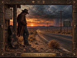 A weary outlaw stands beside a weathered roadside shack, his battered guitar case leaning nearby. An empty highway stretches toward distant headlights beneath brooding storm clouds and a fiery orange sunset. Richly textured oil brushwork, dusty browns, and an ornate guitar-inspired wooden frame capture loneliness, defiance, and restless country grit.