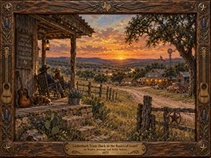 A weathered Texas porch overlooks a winding dirt road and distant roadhouse beneath a glowing orange sunset. Two cowboy-hatted figures relax beside a sleeping dog and acoustic guitar. Rolling hills, wildflowers, and oak trees glow in golden light. Richly textured oil painting and an ornate wooden frame evoke peaceful country nostalgia.