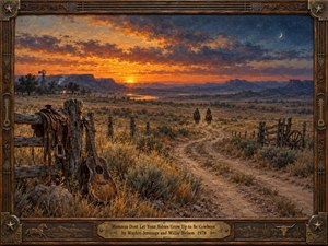 Two lone cowboys ride toward a glowing Western sunset along a winding desert trail. A weathered guitar and saddle rest beside a rustic fence, while distant ranch lights flicker beneath violet mountains. Rich oil-painted textures, fiery orange clouds, deep blue twilight, and an ornate wooden frame evoke freedom and loneliness.