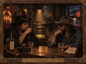 Two rugged country musicians sit across a scarred tavern table, sharing a solemn moment amid whiskey glasses and curling smoke. Amber lamplight warms the richly textured oil painting, while rain glistens beyond the window. An empty chair, weathered guitar, and ghostly portrait suggest enduring musical legacy, enclosed by carved wood and brass.