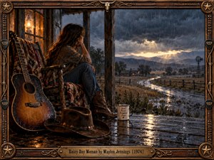 A thoughtful woman sits on a rustic porch beside a weathered guitar, watching rain sweep across a winding country road. Golden lamplight contrasts with stormy blue-gray skies and distant sunbeams. Richly textured oil painting evokes longing, solitude, and quiet hope, surrounded by an ornate Western frame with engraved brass details.