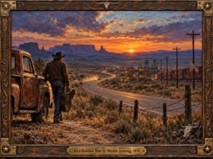 A lone cowboy carrying a guitar case stands beside a rusted pickup, overlooking a winding desert highway and distant mesas. Fiery orange sunset clouds blend with violet shadows, evoking freedom, solitude, and restless adventure. Rich oil painting textures illuminate the landscape, enclosed within an ornate carved wooden frame with brass accents.
