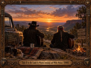 A richly detailed Western painting captures two country musicians overlooking a sweeping sunset valley, guitars resting beside them. Golden light illuminates distant mountains, a winding river, and rugged terrain. A weathered truck, sleeping dog, and glowing campfire evoke freedom and friendship. Ornate carved wood and brass framing complete the nostalgic scene.