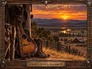 A weathered acoustic guitar, cowboy hat, and worn boots overlook a peaceful ranch valley at sunset. Golden light illuminates rustic fences, a winding river, distant mountains, and an old barn. Rich amber tones and cinematic realism evoke rugged independence and country nostalgia, enclosed within an ornate Western frame.