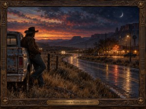 A solitary cowboy leans against a rusted pickup beside a winding desert highway at twilight. Warm tavern lights reflect across wet pavement beneath crimson clouds and a crescent moon. This richly textured oil painting captures restless longing and quiet nostalgia, enclosed within an ornate wooden frame with brass accents.