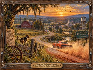 An orange muscle car speeds along a winding country road, kicking up dust through rolling Southern farmland. A hound watches from a weathered fence as distant police lights flash beneath a golden sunset. Rustic barns, glowing skies, and a quiet town enrich this nostalgic oil painting, framed in carved wood and brass.