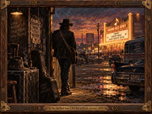 A lone cowboy musician stands in a shadowed doorway, facing a dazzling theater marquee across a rain-soaked 1970s street. Vintage cars, a tour bus, battered guitar cases, and neon reflections evoke defiance and nostalgia. Rich amber and violet oil brushstrokes glow within a weathered wood-and-brass guitar-themed frame.