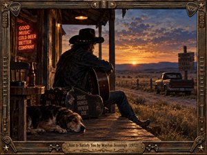 A lone cowboy rests with his guitar on a weathered roadhouse porch, accompanied by a sleeping dog. Golden sunset illuminates dusty plains, an old pickup, and distant mountains. Warm neon contrasts with deep blue shadows, creating a nostalgic, reflective atmosphere. Ornate western metalwork frames this richly detailed cinematic painting.