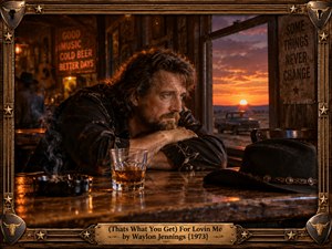 A weathered cowboy rests thoughtfully at a rustic bar, surrounded by whiskey, cigarette smoke, and western memorabilia. Beyond the window, a fiery orange sunset illuminates a lonely pickup truck. Rich amber lighting, cinematic realism, and an ornate bronze guitar-inspired frame evoke heartbreak, restless independence, and bittersweet country nostalgia.
