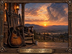 A weathered rocking chair, acoustic guitar, and cowboy hat overlook a peaceful valley at sunset. Golden light washes across distant mountains beneath dramatic clouds, where a womans translucent portrait evokes cherished memories. Rich amber tones, rustic textures, and an ornate wooden frame create a cinematic atmosphere of tenderness, nostalgia, and longing.