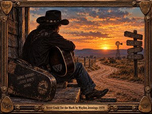 A rugged country musician sits on a weathered porch overlooking a winding desert road at sunset, his guitar resting against him. Fiery orange skies illuminate distant hills and a windmill. A worn guitar case and wooden signpost symbolize independence. Rich, cinematic painterly detail and an ornate Western frame evoke defiant nostalgia.