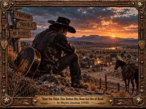 A solitary outlaw cowboy sits above a frontier town, contemplating a dusty winding road beneath a fiery orange sunset. His weathered guitar and waiting horse suggest freedom, trouble, and regret. Dramatic cinematic realism, rugged desert textures, distant mountains, and warm golden lighting are enclosed within an ornate Western frame.