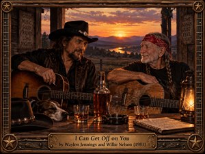 A richly detailed country painting captures Waylon Jennings and Willie Nelson sharing a relaxed moment on a rustic porch overlooking a glowing sunset valley. Warm amber light illuminates weathered guitars, whiskey glasses, a resting dog, and vintage lantern. Ornate bronze guitar-string framing and engraved lettering complete the nostalgic scene.