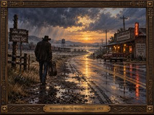 A lone cowboy carrying a guitar case walks beside a rain-soaked highway toward a glowing sunset. A weathered roadhouse, vintage pickup, and distant train anchor the rural scene. Amber reflections cut through stormy blues and grays, while expressive oil textures and an ornate guitar-inspired frame evoke restless outlaw-country melancholy.