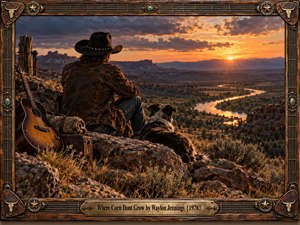 A solitary cowboy and his dog overlook a winding river beneath a fiery orange sunset, surrounded by rugged western wilderness. A weathered guitar and travel trunk suggest restless journeys and reflection. Rich cinematic realism, dramatic clouds, and warm golden light evoke nostalgia, framed by carved wood, guitar strings, turquoise accents, and engraved brass.