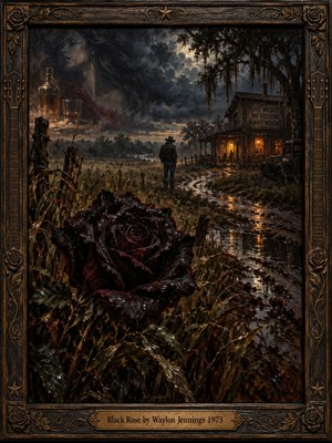 A rain-soaked black rose dominates a shadowy country landscape, its crimson-edged petals glistening beside a winding muddy road. A lone cowboy faces a warmly lit roadhouse beneath storm clouds, while a ghostly woman hovers in the mist. Rich oil textures, amber reflections, and carved wooden framing evoke temptation and regret.