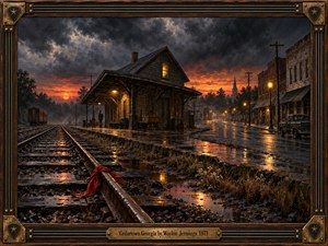 A lone figure waits beside a weathered Southern railroad depot as rain-soaked tracks stretch toward a fiery sunset. Brooding storm clouds, amber streetlamps, old storefronts, and a vintage pickup deepen the ominous atmosphere. Rich oil-painted textures, a crimson scarf, and an ornate brass-trimmed wooden frame evoke haunting nostalgia.