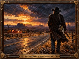 A lone cowboy carrying a guitar stands beside a rain-slick desert highway beneath brooding storm clouds and a blazing orange sunset. Distant mesas and a glowing roadhouse evoke defiance and endurance. Rich oil brushwork contrasts golden light with deep shadows, enclosed by an ornate brass and wood guitar-inspired frame.
