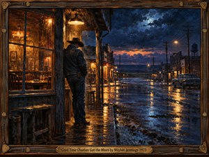 A lone cowboy stands beneath a glowing tavern awning, gazing down a rain-soaked small-town street. Amber reflections shimmer across the pavement beneath a deep blue, moonlit sky. Weathered storefronts, vintage cars, and telephone poles evoke quiet 1970s melancholy. Expressive oil brushwork complements a rustic wooden frame with brass accents and an engraved title plate.