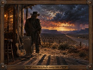 A lone cowboy in a black hat stands outside a weathered desert bar, facing a highway beneath brooding storm clouds and a fiery sunset. A battered guitar and amplifier rest beside him. Rich amber light, rugged oil brushstrokes, and deep blue shadows evoke defiance and solitude within an ornate Western frame.