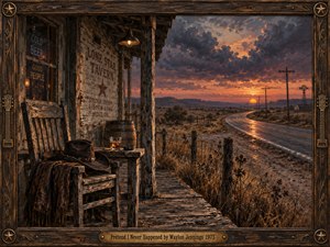 A weathered roadside tavern overlooks an empty highway beneath a dramatic orange and violet sunset. An abandoned cowboy hat, wooden chair, and whiskey glass evoke heartbreak and solitude. Rich oil-painted textures, glowing reflections, distant telephone poles, and stormy clouds create a melancholy atmosphere, enclosed within an intricately carved wooden frame.