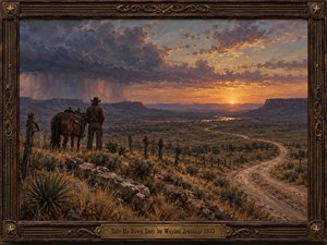 A lone cowboy and saddled horse overlook a vast desert valley, where a winding dirt road leads toward a glowing sunset. Dark storm clouds contrast with amber skies, distant mesas, dry grasses, and weathered fences. Rich oil-painted textures and an ornate wooden frame with an engraved brass plate evoke rugged solitude and quiet acceptance.