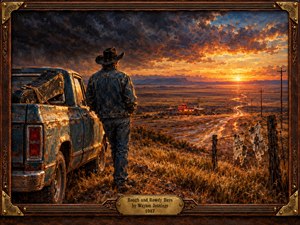 A lone cowboy stands beside a battered blue pickup, gazing across rugged plains toward a winding road and distant roadhouse. Fiery amber sunset battles dark storm clouds, capturing restless freedom and hard-earned reflection. Rich oil brushstrokes, dry grasses, barbed wire, a worn guitar case, and ornate brass framing create nostalgic Western drama.