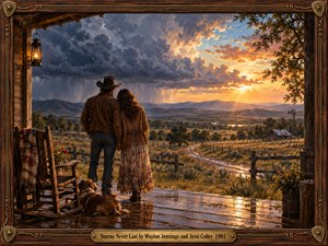 A cowboy and woman stand hand in hand on a rainwashed ranch porch, facing a golden sunset beyond retreating storm clouds. A resting dog, rocking chair, lantern, winding road, and distant barn enrich the tender scene. Rich oil brushwork, blue-gray shadows, and an ornate walnut frame evoke resilience and hope.
