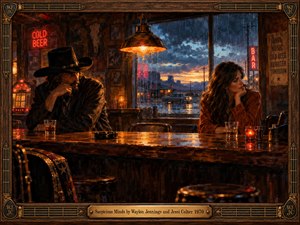 Inside a weathered roadside bar, a cowboy and woman sit apart, avoiding each others gaze. Amber lamplight and red neon contrast with blue rain and a fading desert sunset. Richly textured oil painting captures their uneasy silence, surrounded by an ornate, guitar-inspired wooden frame and engraved brass title plate.
