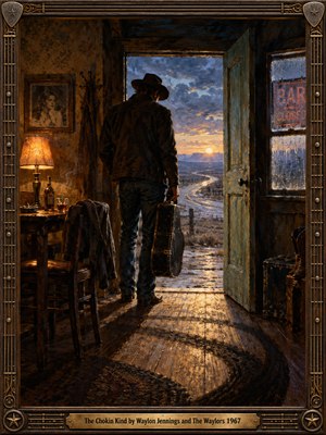 A solitary cowboy holding a worn guitar case pauses in the doorway of a shadowy roadside bar. Beyond him, a rain-soaked road winds toward a golden sunset. Amber lamplight illuminates whiskey, smoke, and a faded portrait. Expressive oil brushstrokes and an ornate guitar-string frame evoke heartbreak, loneliness, and escape.