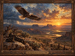A majestic bald eagle soars above sweeping desert canyons beneath a dramatic golden sunset. Distant mesas, winding waterways, and storm clouds create an atmosphere of freedom and resilience. A weathered cowboy hat and guitar case rest on rocky ground. Rich oil textures glow within an ornate Western wooden frame.