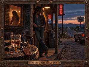 A shadowed drifter leans outside a weathered roadside bar while a woman glows behind the window. Whiskey, cigarettes, and motel keys fill the foreground as red neon and a lonely highway fade into blue dusk. Amber lighting, cinematic film grain, and an ornate wooden guitar-themed frame evoke temptation and regret.