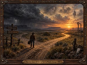 A lone cowboy holding a guitar case faces branching desert roads beneath thunderclouds and a blazing amber sunset. Faint memories of a woman, church, and horseman drift through the sky. Textured oil brushwork, dusty earth tones, dramatic lighting, and an ornate wood-and-brass frame evoke longing, uncertainty, and resolve.