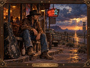 A weathered cowboy sits outside a warmly lit saloon, beside a battered guitar case and rusted pickup. A lonely highway stretches toward a golden desert sunset beneath stormy blue clouds. Rich oil brushwork, glowing neon, rugged textures, and an ornate bronze-trimmed wooden frame evoke stubborn resilience and enduring spirit.