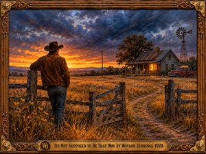A lone cowboy stands beside an open wooden gate, gazing toward a warmly lit farmhouse across golden prairie grass. A vintage red pickup and windmill punctuate the landscape beneath turbulent blue clouds and a fiery sunset. Expressive oil brushwork conveys loneliness and regret, framed by ornate carved wood and engraved brass.