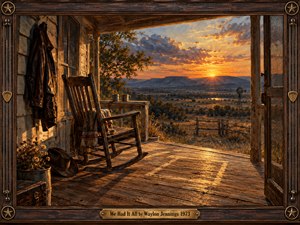 An empty rocking chair and forgotten cowboy hat rest on a weathered farmhouse porch overlooking a vast sunset valley. Two tin mugs, a hanging coat, and wildflowers evoke bittersweet memories. Golden sunlight illuminates rustic floorboards beneath violet clouds. Richly textured oil painting and an ornate Western wooden frame complete the nostalgic scene.