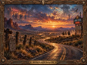 A winding desert highway glows beneath a fiery orange and violet sunset, leading toward distant town lights. Three riders cross the rugged landscape as ghostly memories of musicians and dancers emerge in the clouds. Rich oil textures, weathered fences, and an ornate Western frame evoke freedom, rebellion, and nostalgia.