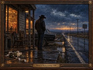 A solitary cowboy stands beside a vintage car outside a weathered Texas dance hall at dusk. Amber windows illuminate rain-soaked boards and abandoned white flowers, while a deserted highway stretches beneath stormy blue clouds. Rich oil textures, reflective puddles, and an ornate wooden frame evoke heartbreak, regret, and quiet resignation.
